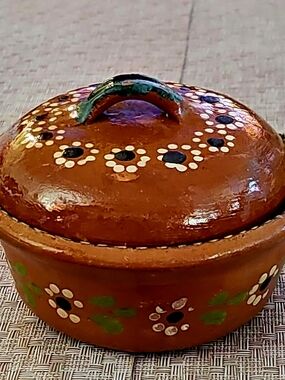 Handcrafted Pottery Brown Lidded Dish with Hand-painted Floral Accent